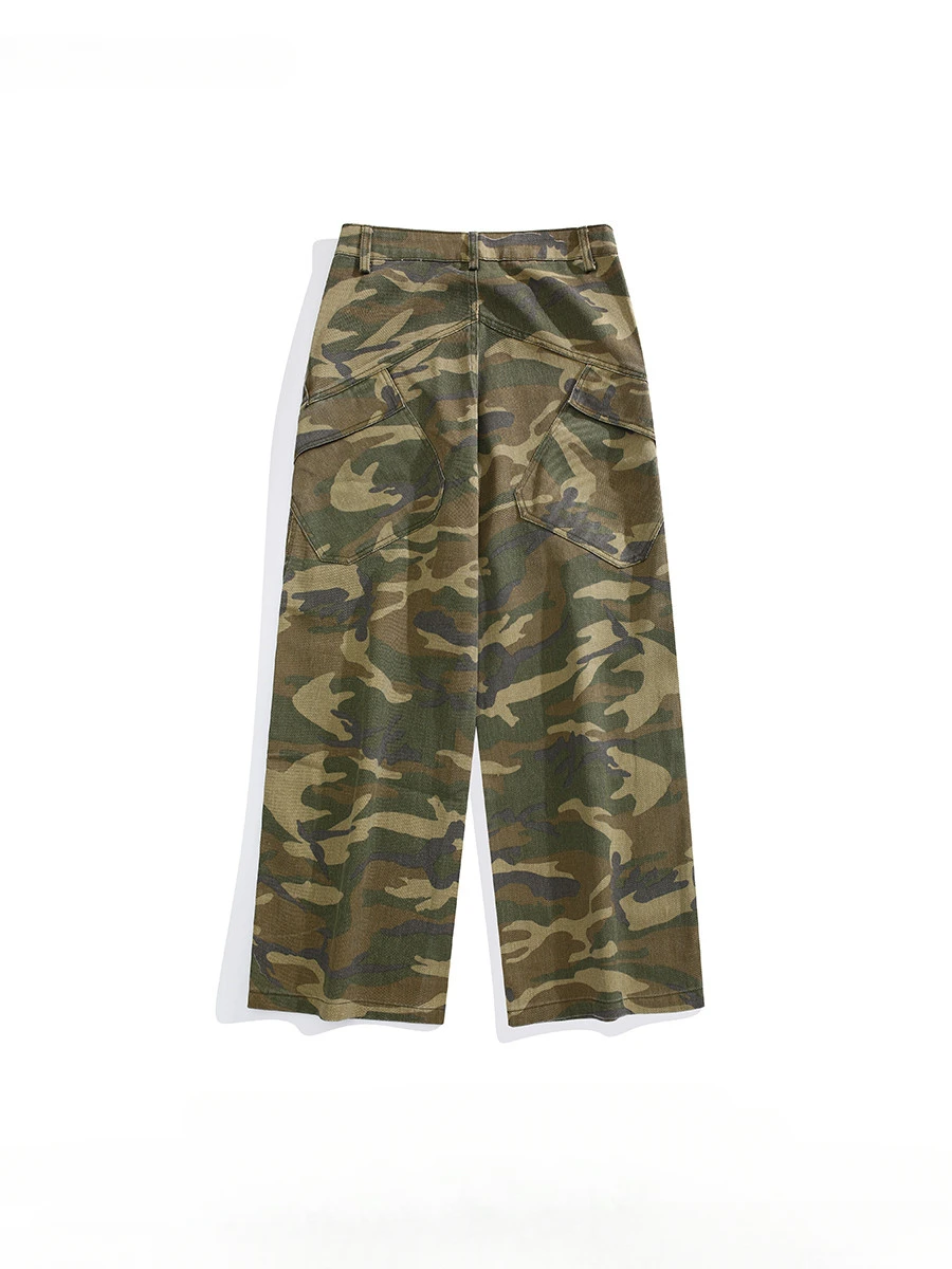 American Style Large Pocket Workwear Camouflage Pants Men High Trendy Street Embroidery Casual Straight Floor Mopping Trousers