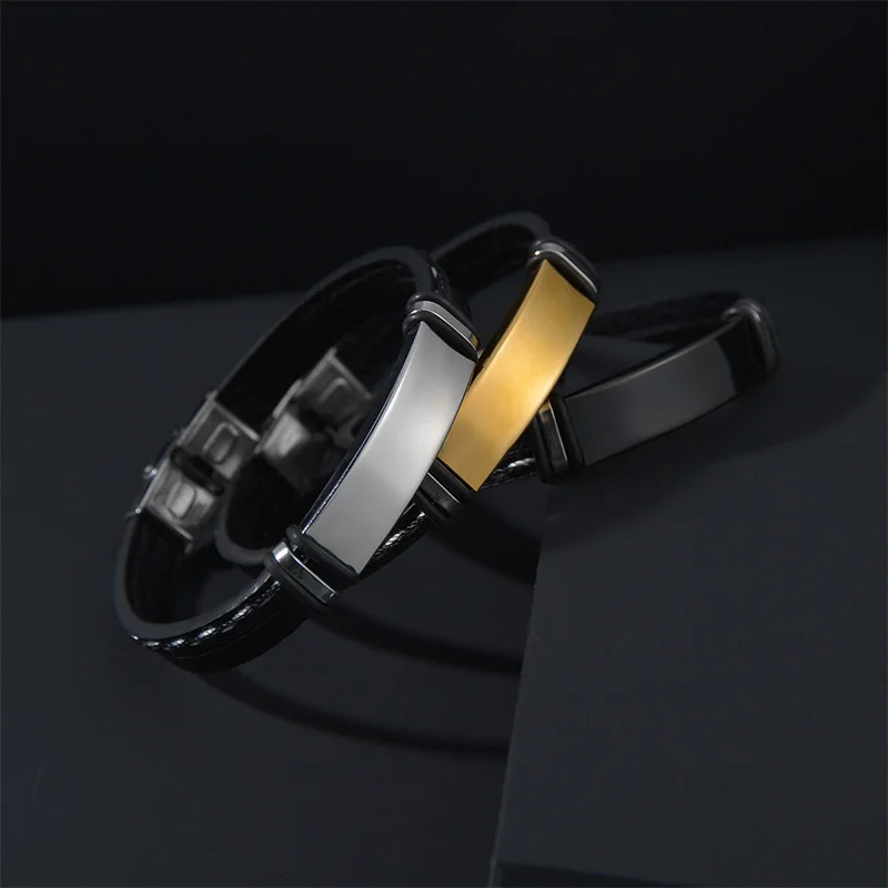 Afirstee Custom Stainless Steel Engrave Name Date Leather Bracelets For Men Personalized Nameplate Male Bangles Jewelry Gift