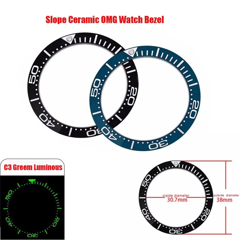38MM C3 Green Luminous Black Blue Slope Ceramic Bezel Scale Insert Fits for Omega Sea-master Series Mechanical Watch