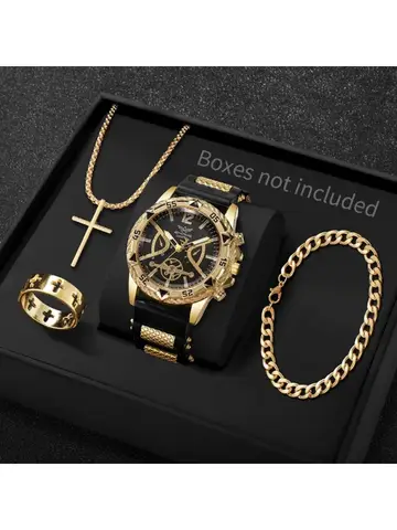 4PCS Fashion Arabic Dial Men Business Quartz Watch CasuSilicone Strap Wristwatch With Necklace Set Reloj Hombre (Without Box)