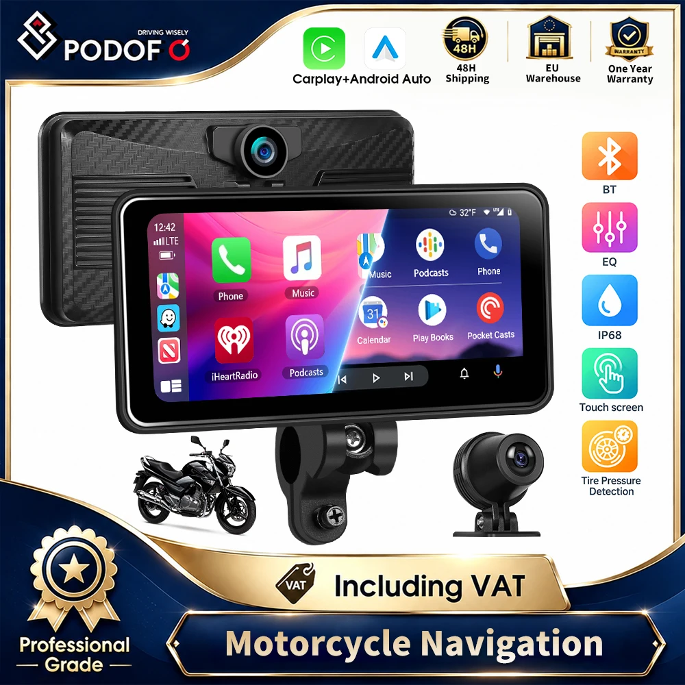 Podofo, reproductor de pantalla inteligente portátil para automóvil de 6,25 pulgadas, con conexión inalámbrica CarPlay y Android Auto, grabador DVR, resistencia al agua IP68, grabación de video con