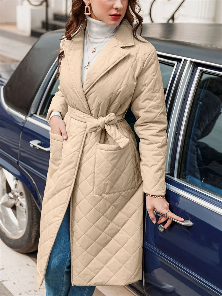 Women Long Jacket Coat for Winter 2024 Beige Fashion Parka Green Quilted Warm Jacket with Belt for Women Female Parkas Clothes