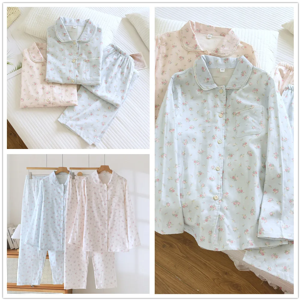 Women's Summer Sweet Cute Floral Printed Cotton Gauze Pajamas Lapel Long Sleeve Pants Clothes