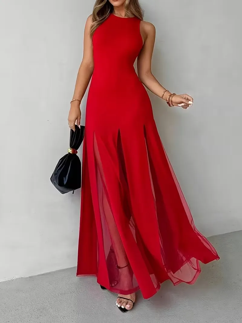 

Elegant Party Maxi Dress Women’s Prom Chiffon Wrap Dresses A Line Evening Dress Sheer Slit Long Dress Vibrant Red For Woman