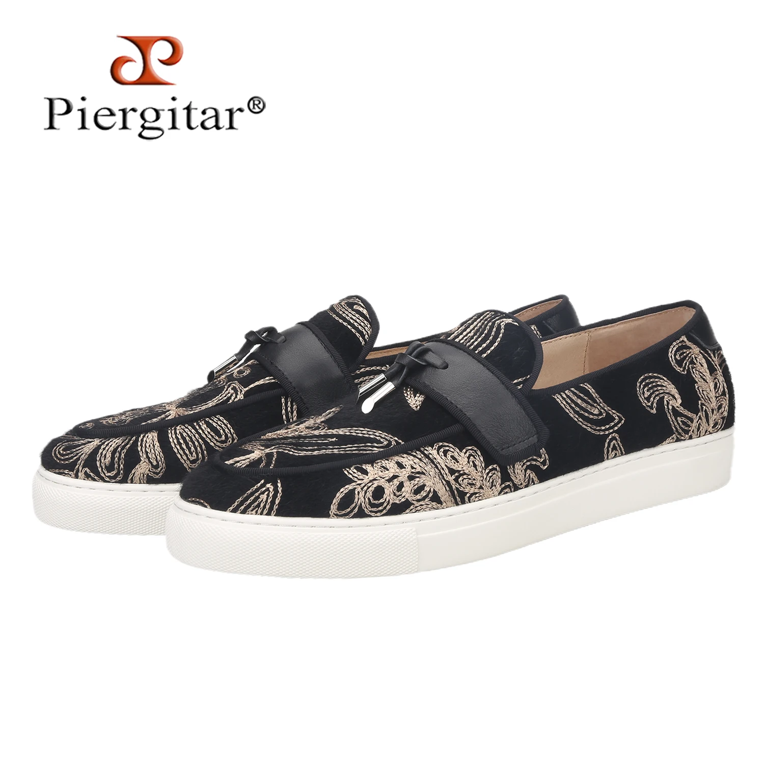 Piergitar Champagne Gold Thread Craftsmanship Floral Embroidery Velvet Slip-On Sneakers Handmade Metal Tassels Men's Boat Shoes