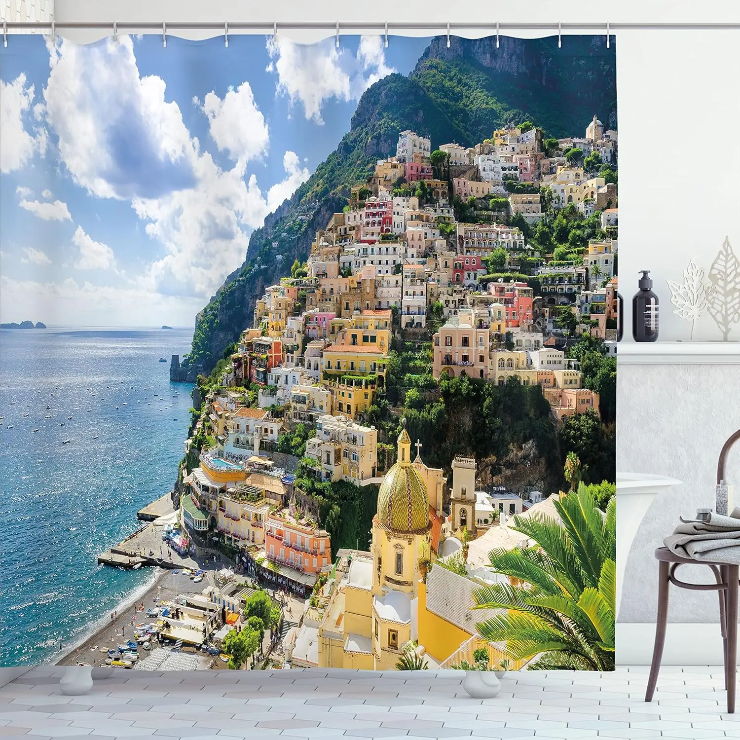 

Занавеска для душа «Позитано, Италия» с видом на средиземноморское побережье, декор в стиле пляжного городка, тематика путешествий, лен, 180x230 см