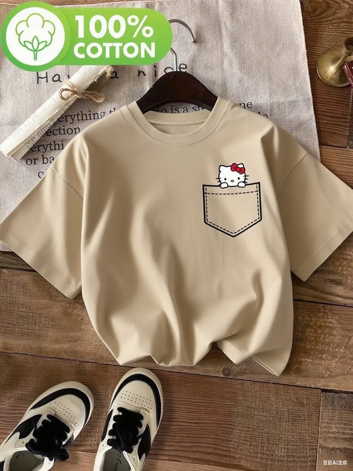 

Hello Kitty Fake Pocket Peek Cotton T Shirt Charming Cartoon Print for Daily Look Brand Streetwear Print New Arrival Tee S-4XL