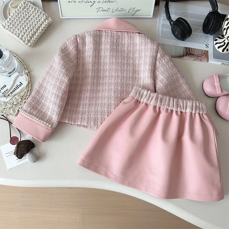 Korean Style Girls Suit Bow Jacket+Leather Pleated Skirt Two Piece Set Princess Children Girls Tweed Sets Outfit