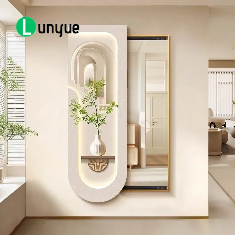 Hidden Full Length Mirror Sliding Door Mural Green Plant Decorative Painting for Bedroom Entryway Entrance Wall Art Advanced