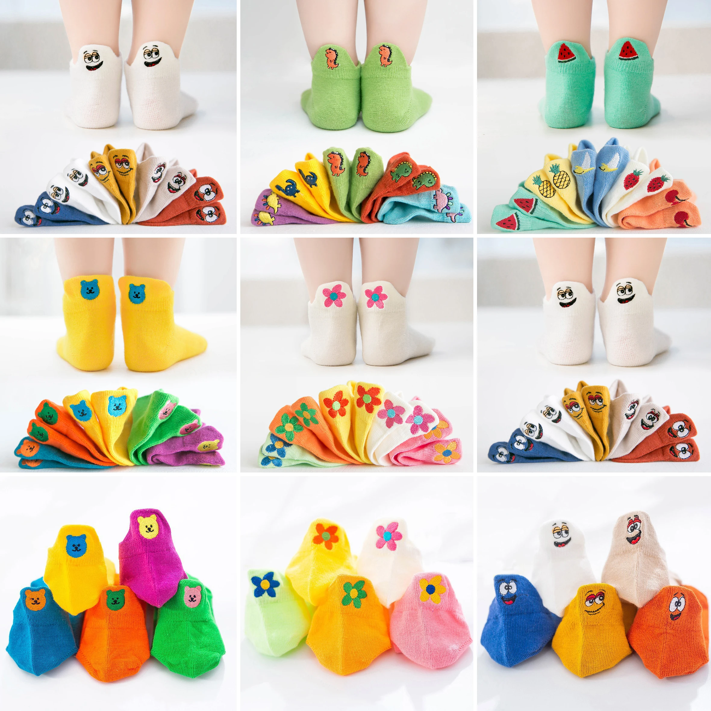 5 Pairs Cotton Girls Socks Cute Cartoon Embroidery Flower/Bear/Dinosaur/Fruit Pattern Comfortable Breathable Kids Socks