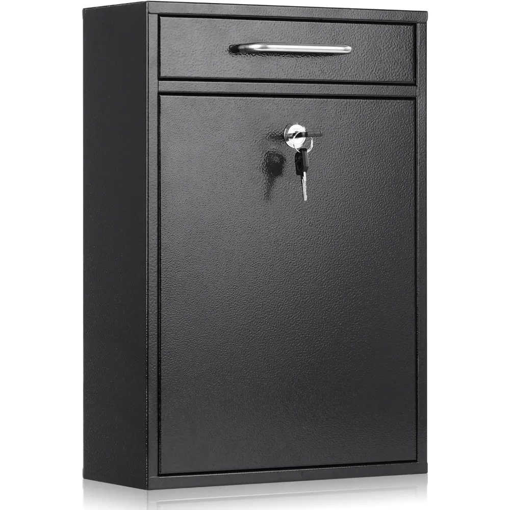 

Large Locking Metal Mailbox Wall Mount with Key, Secure Hanging Postbox Collection Box in Black, 17.6H x 12.2L x 5.7W Inches