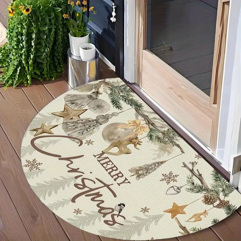 Semicircle Doormat Merry Christmas Letter NonSlip Felt Rug Vintage Pine Branch Entrance Floor Mat Indoor Holiday Welcome Carpet
