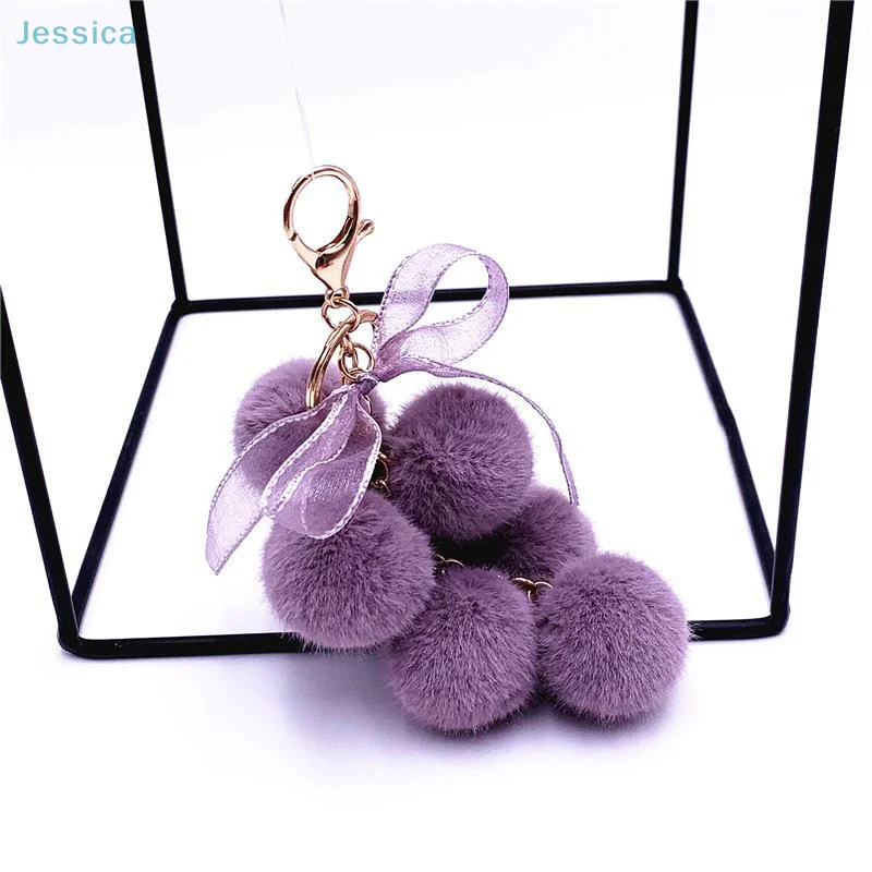 

♥Creative Grape Fruit Pom Pom Plush Keychain Soft Fur Ball Key Ring With Lace Bow For Bag/Car Accessories