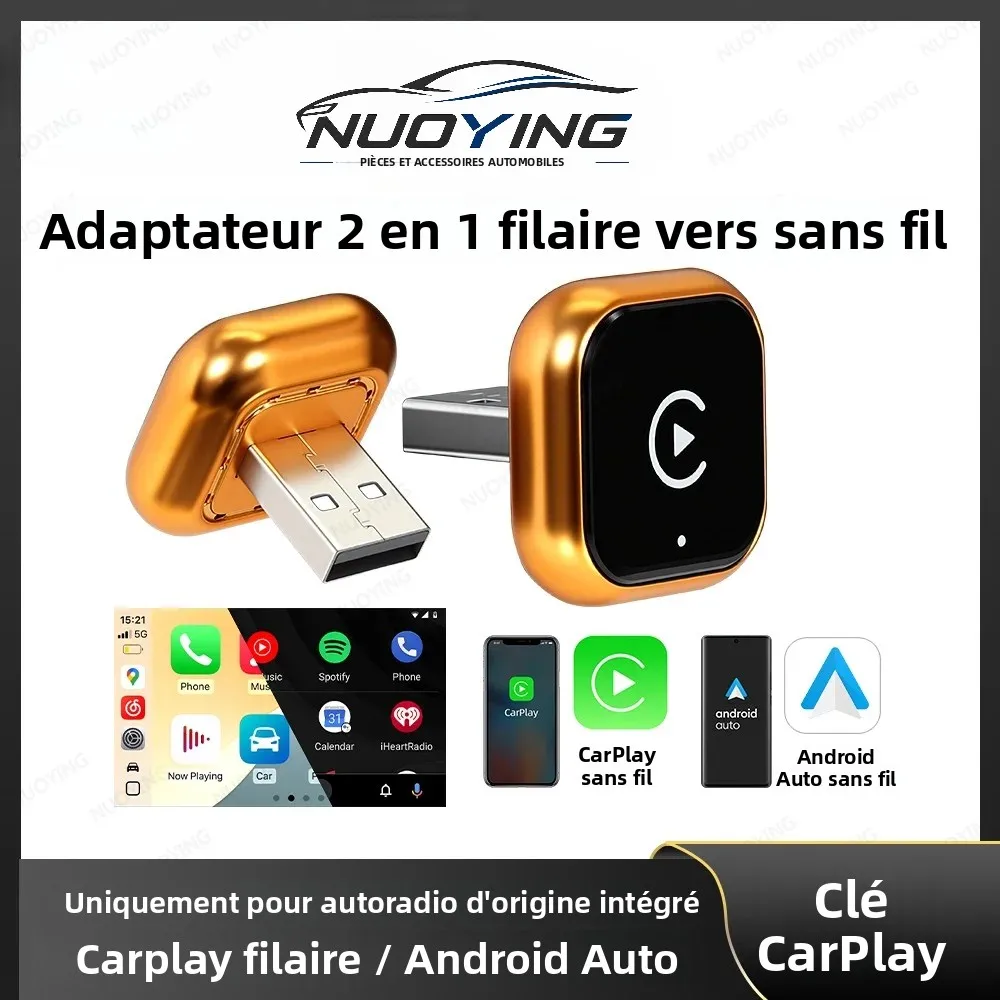 Adaptateur CarPlay sans fil NUOYING 2-en-1, Android Auto, clé intelligente pour iPhone Android, Volvo Benz MG Kia VW Honda