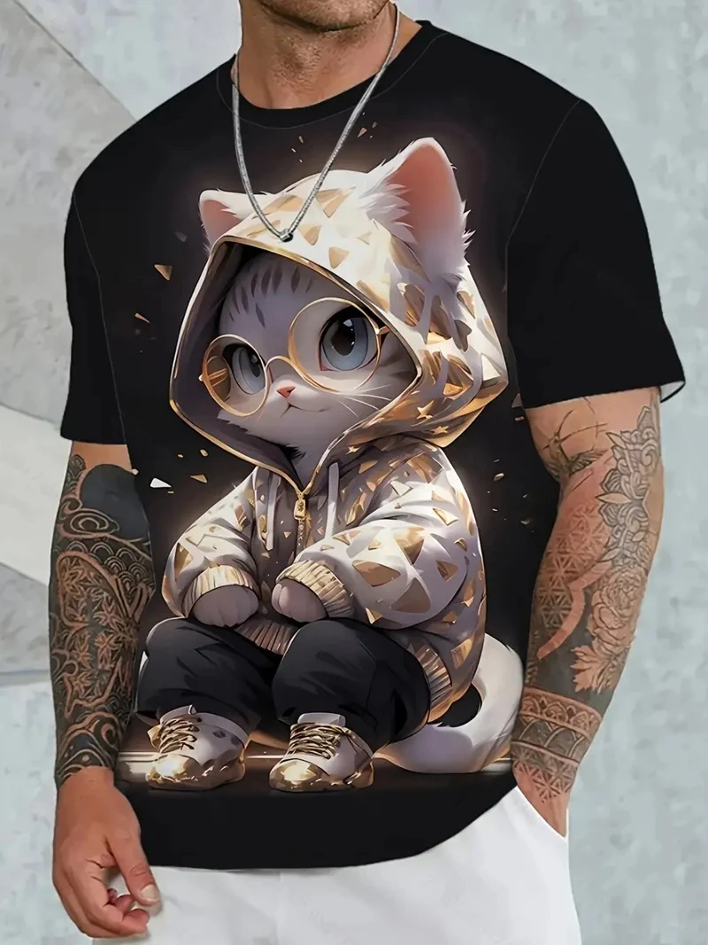 

Lovely Cartoon Kitten Print T Shirt For Men Casual O-neck Short Sleeve Loose Tops Summer Breathable Tees Fashion Street Clothing