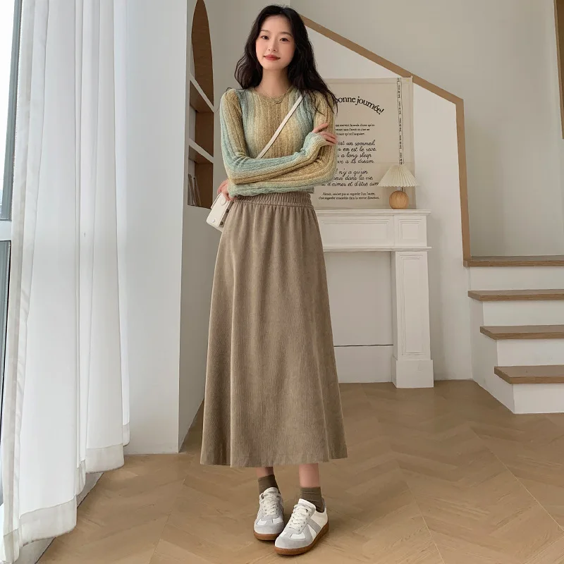 

Skirts Women Calf Length Autumn Winter Woolen Solid Color Preppy School All-match High Waist Elegant Popular E1940