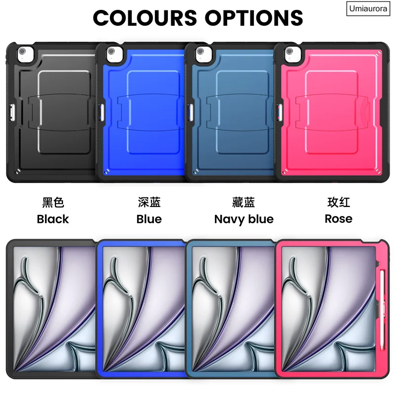 

For IPad Air 11" M2 M3 Mini 6 7 A17 Pro 11 13 inch M4 M5 Shockproof Silicon PC Armor Case Stand Strap Pencil Holder Tablet Funda