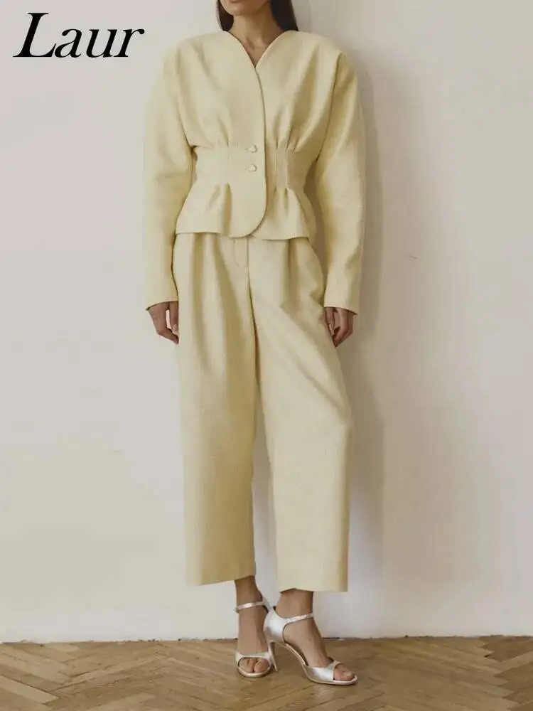 Laur 2026 Women V Neck Cinched Waist Peplum Blazer Wide Leg Cropped Pants Two Piece Solid Yellow Elegant Office Formal Suit Set