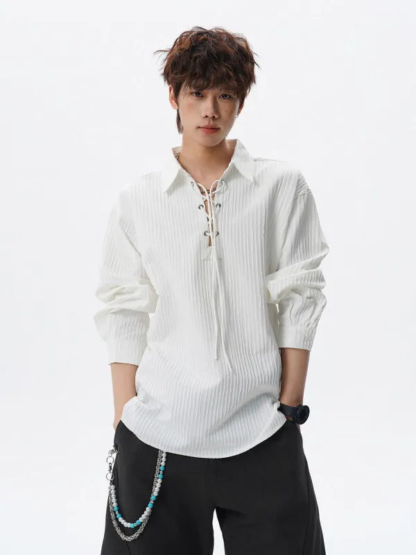 

Casual Long Sve irt Men plus Size Trendy Spring Autumn High End Feeling Wavy Patterned Tie Ne Design Polyester Material