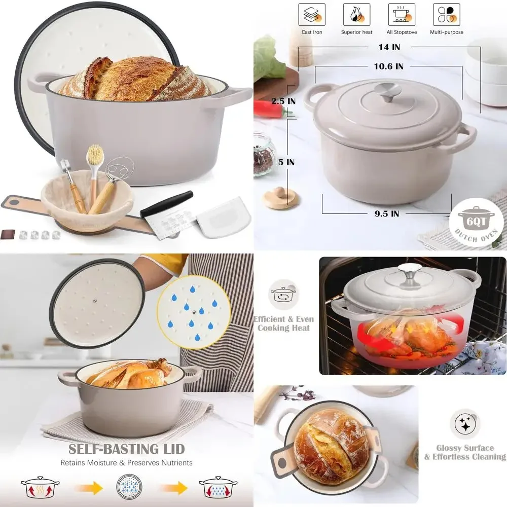 

Эмалированный чугунный голландский горшок для духовки, 6 литров для выпечки хлеба с самонадельной крышкой и руководством для выпечки хлеба на ударе