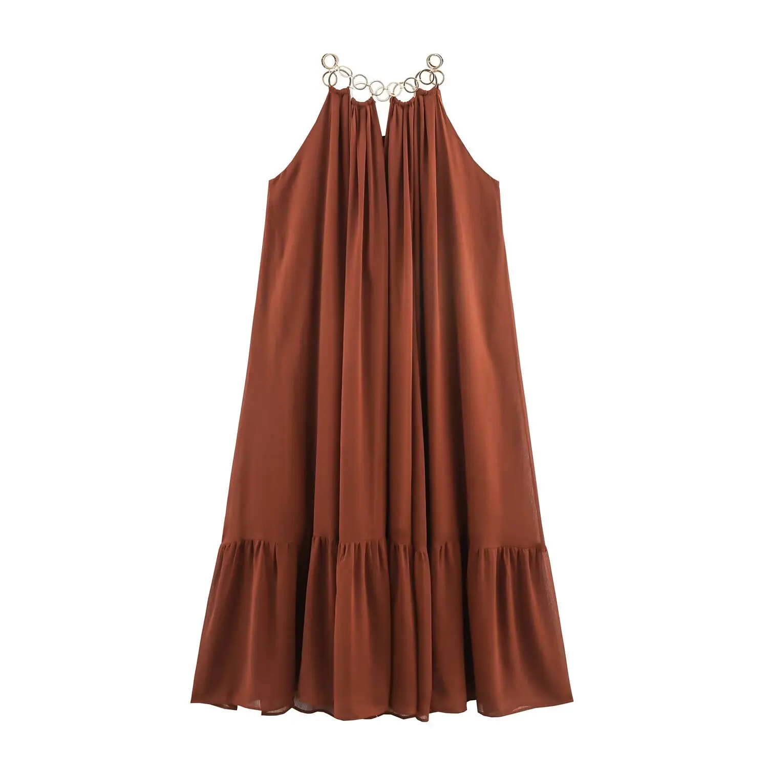 

Korejepo 2025 New Women Clothing European American Style Fashionable Simple Casual Metal Decoration Loose Neck Dress