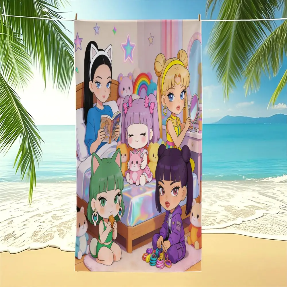 Rainbow Bubble Cat Ear Girls Print Beach Towel Pool Towel Camping Towel Bath Towel Blanket Colorful Kawaii Pool Towel