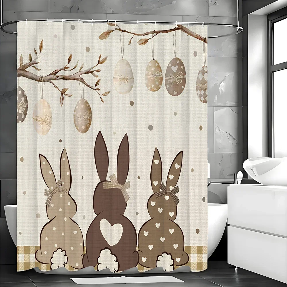 Easter Cute Bunny Eggs Bow Tie Grommet Shower Curtain, Bathroom Decorative Shower Curtain, Waterproof Shower Curtain with HooksV
