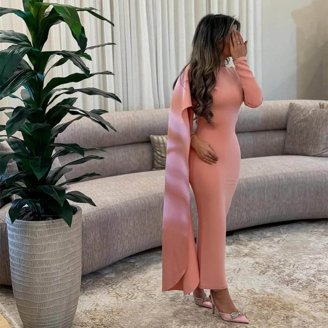 

Customized Short Crepe Evening Dresses with Cape Mermaid O-Neck حزب اللباس Zipper Back Ankle Length Prom Dresses for Women