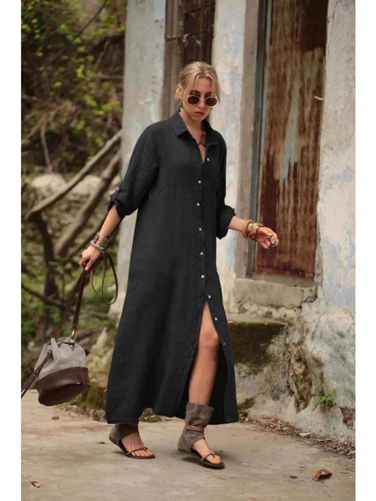 حجم كبير 1XL-5XL جديد أزياء المرأة بلون طويل الأكمام قميص فستان السيدات عادية أنيقة فضفاضة تناسب التلبيب فستان طويل
