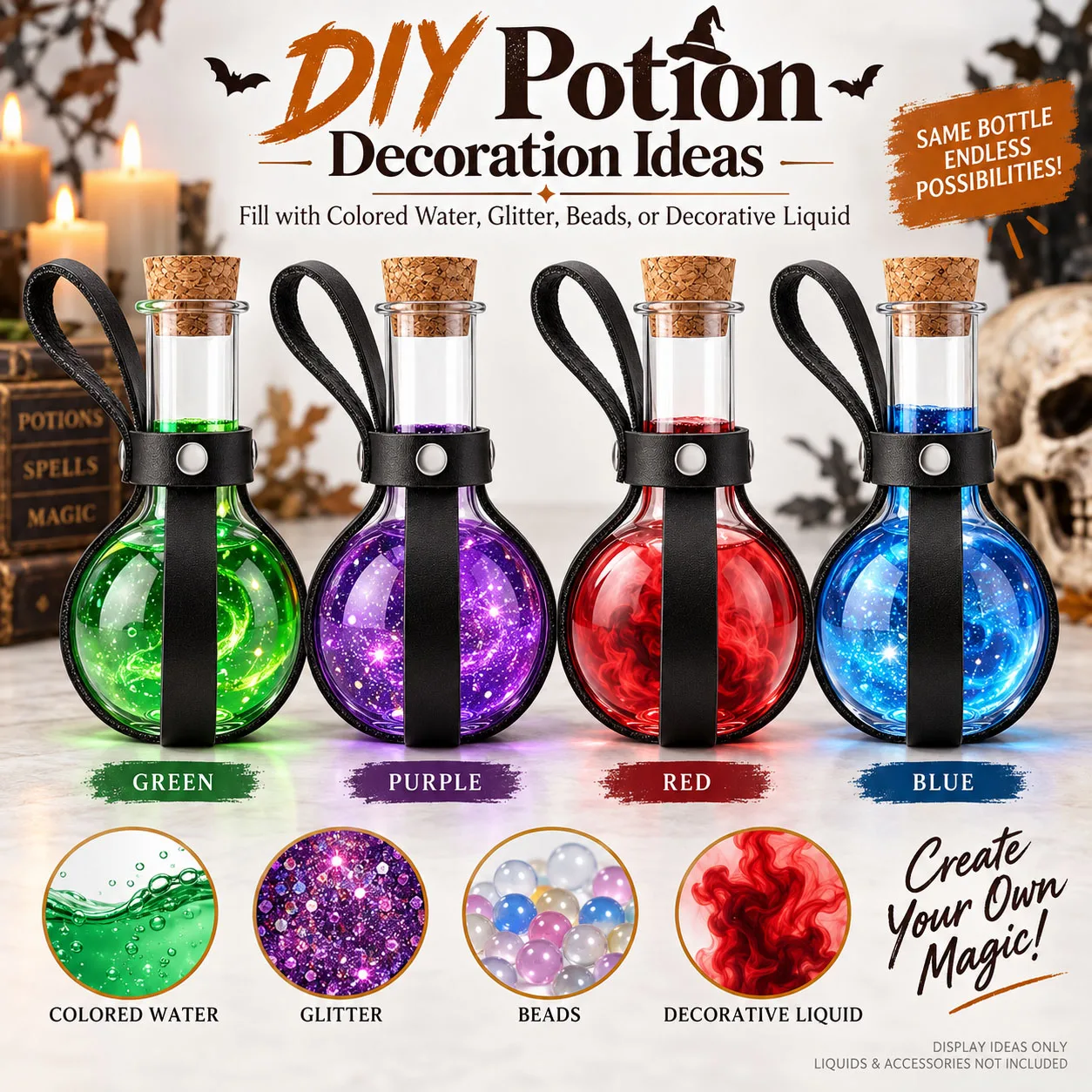 3oz Plastic Potion Bottle with Cork Stopper Black Leather Belt Holder Halloween Witch Cosplay Costume Party Decoration Prop