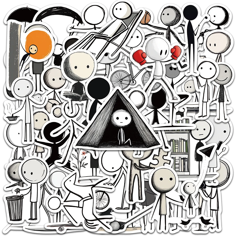 

50pcs Funny Simple Black and White Cartoon Characters Art Stickers For Luggage Laptop Guitar Phone Waterproof Vinyl Decals