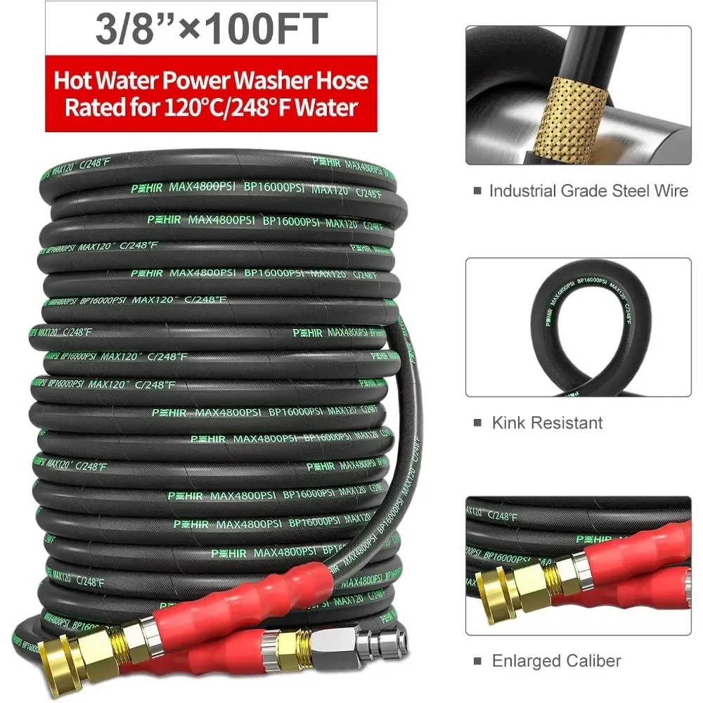 Pressure Washer Hose 100 ft Cold Hot Water 248°F End Quick Connect 4800psi Kink Resistant Industrial Grade Steel Wire Braided