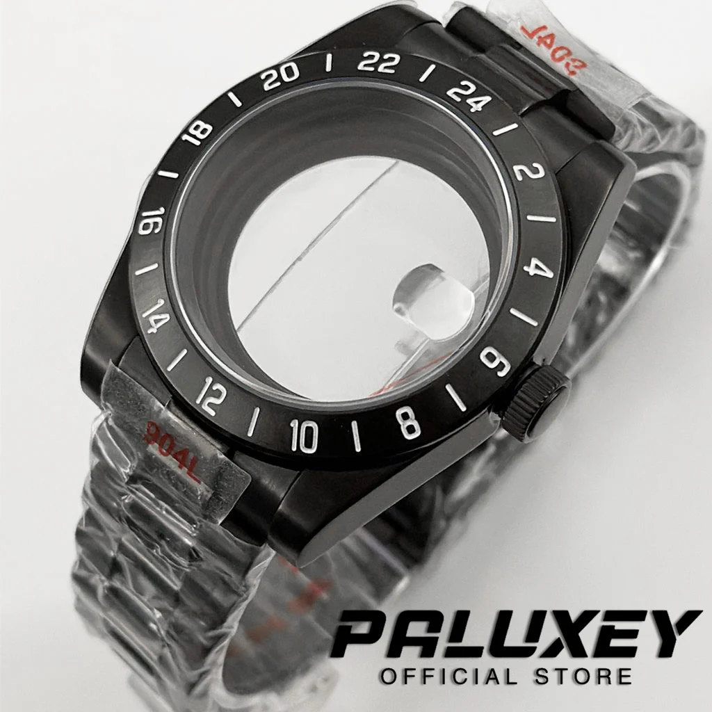 39mm PVD Black Presidential Bracelet NH34 NH35 NH36 NH38 Sapphire Glass Watch Case 24 Hours GMT Fixed Bezel ETA2824 Case