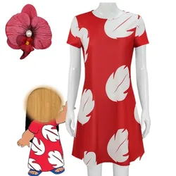 Lilo Dress Women Girl Red Dress with Leaf Printed Summer Beach Hawaiian Clothing Halloween Carnival Pelekai Costumes for Adult