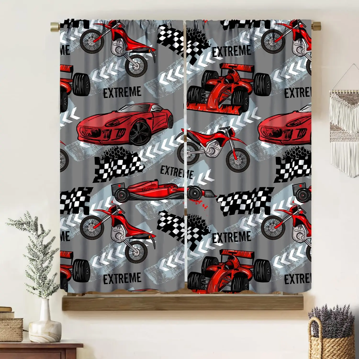 Cartoon Speed Racer Curtains, Seamless Pattern Sports Car Motorcycle Automobile Race for Boys, Thermal Insulation Blackout Rod
