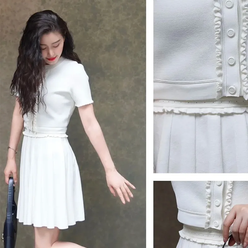 

White Knitted Skirt Set Women New 2024 Elegant Short Sleeves Top + Pleated Half Skirt Two-piece Suit