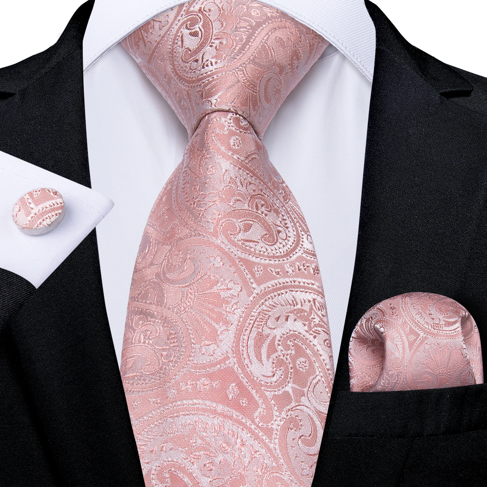 Pink Solid Paisley 8cm Ties for Men with Luxury Plastic Tie Buckle Handkerchief Cufflinks Business Wedding Party Accessory