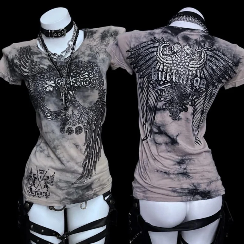 American spicy girl vintage subculture y2k millennium punk short sleeved printed T-shirt waist up top