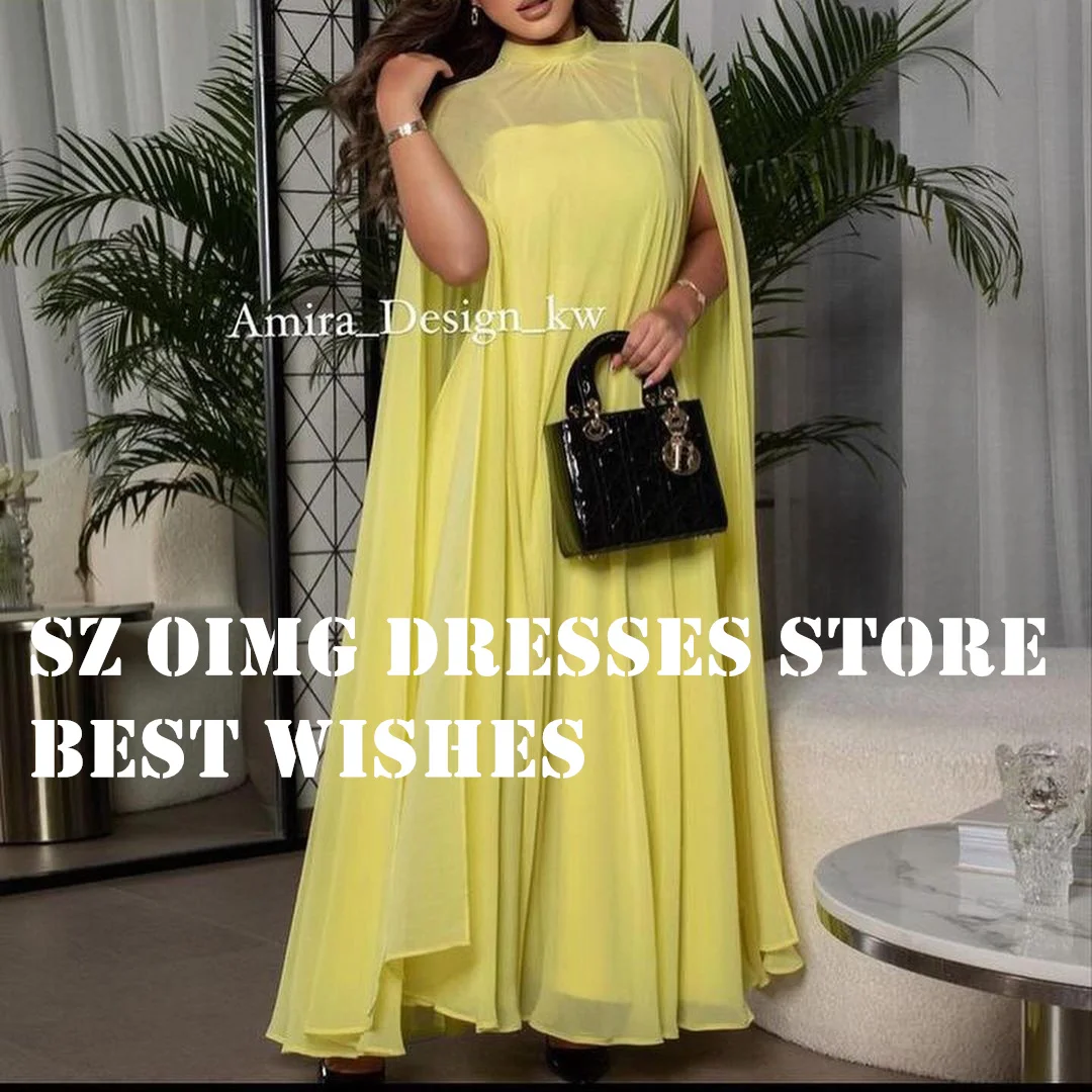 

OIMG Prom Dresse Arabic Cape Sleeves Ruched Yellow High Neck Chiffon Floor Length Women Evening Gowns Formal Party Dress