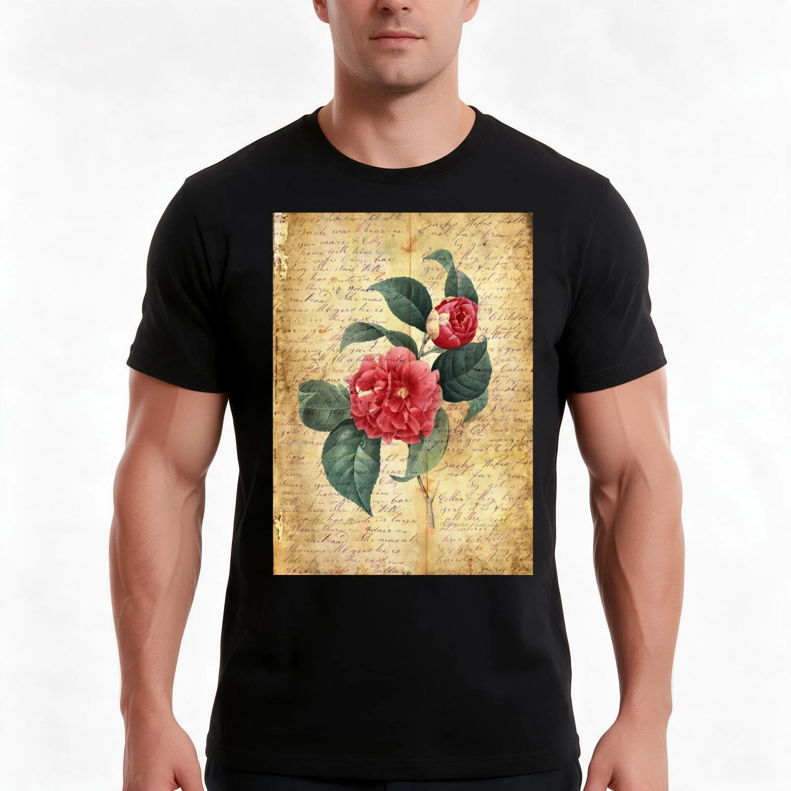 Vintage Camellia Flower T-Shirt, Summer Casual Cotton Tee, Oversized Streetwear Tops, Vintage Graphic Print, Unisex Men Women
