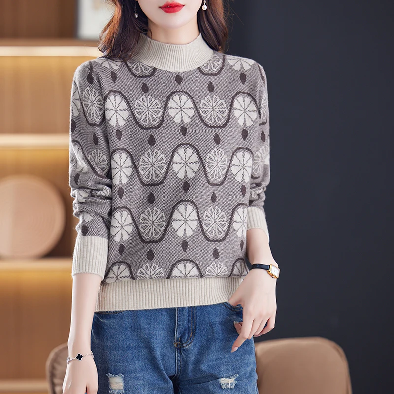 Women Half High Collar Chic Jacquard Knitted Jumpers Winter Fashion All-macth Loose Thci Woolen Sweater New Knitwear