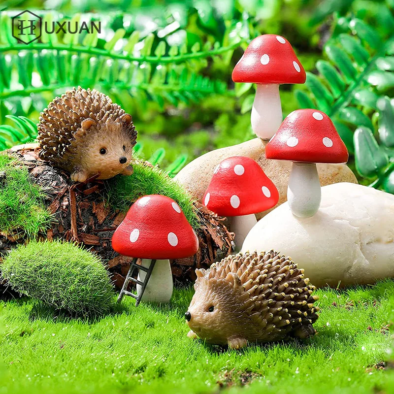 

Artificial Mini Resin Hedgehogs And Wood Mushroom Figurine For Plant Pots Bonsai Miniatures Fairy Garden Landscape Decoration