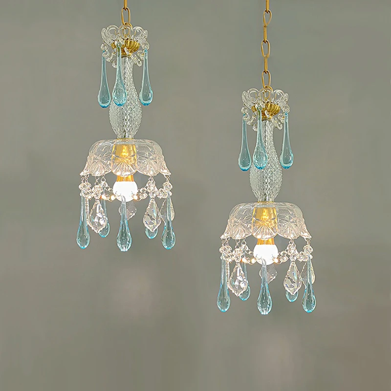 Romantic Crystal Pendant Lamps European Princess Brass Chandeliers Pendant Lights Fixture Blue Dream Bedroom Bed Side Droplight