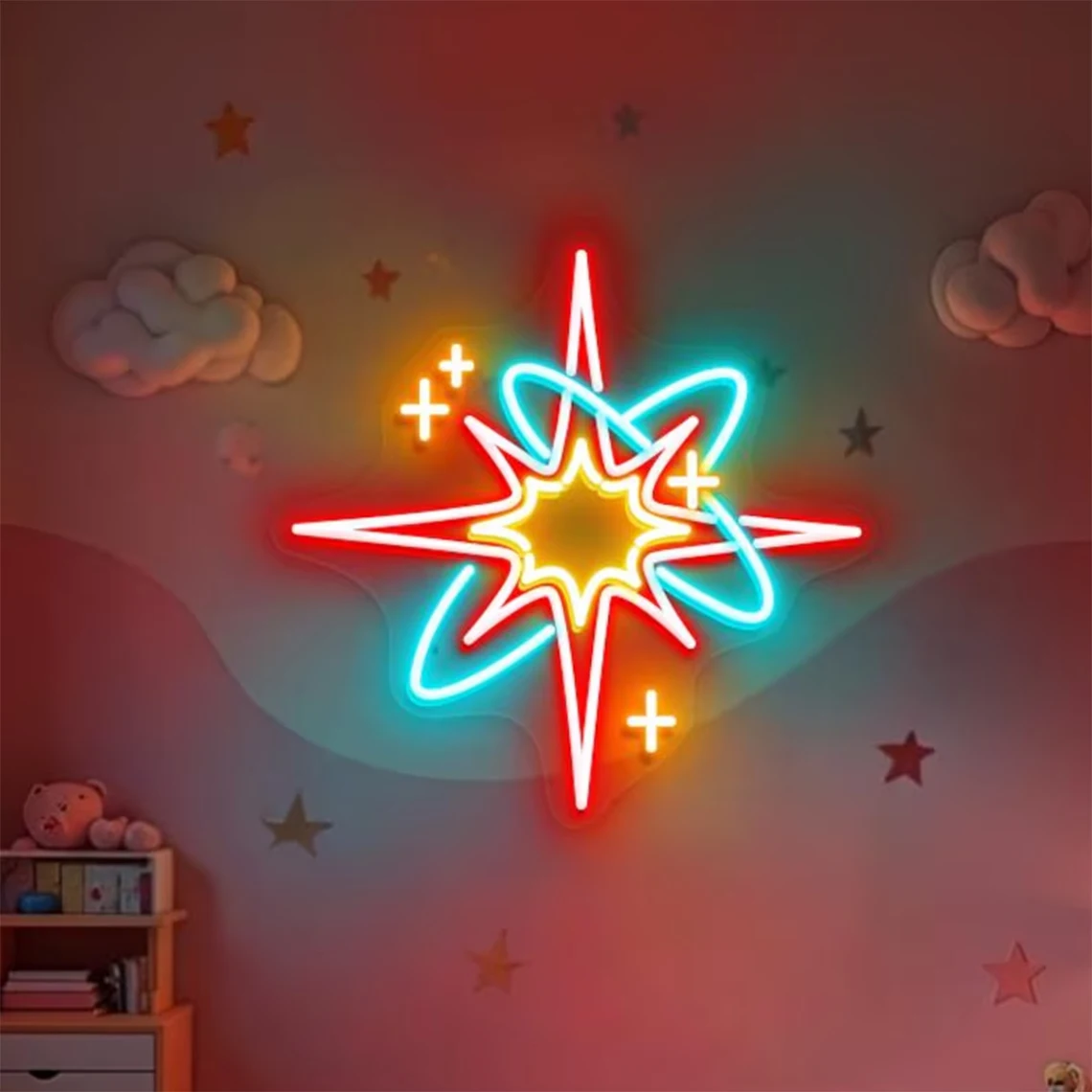 

Mid Century Starburst Neon Sign Colorful Wall Decor Kids Room Decor Modern Space Theme Sign Retro Star Bedroom Decor