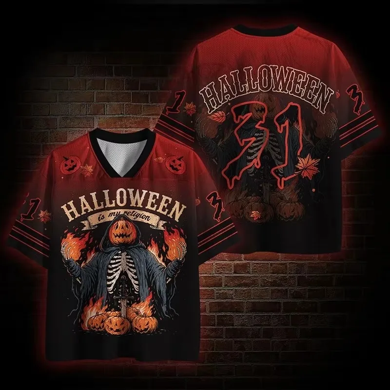 2026 Halloween Retro Gothic Dark Unisex Jersey with Retro Skull Pumpkin Fire Print V-neck Short Sleeved Casual Quick Drying
