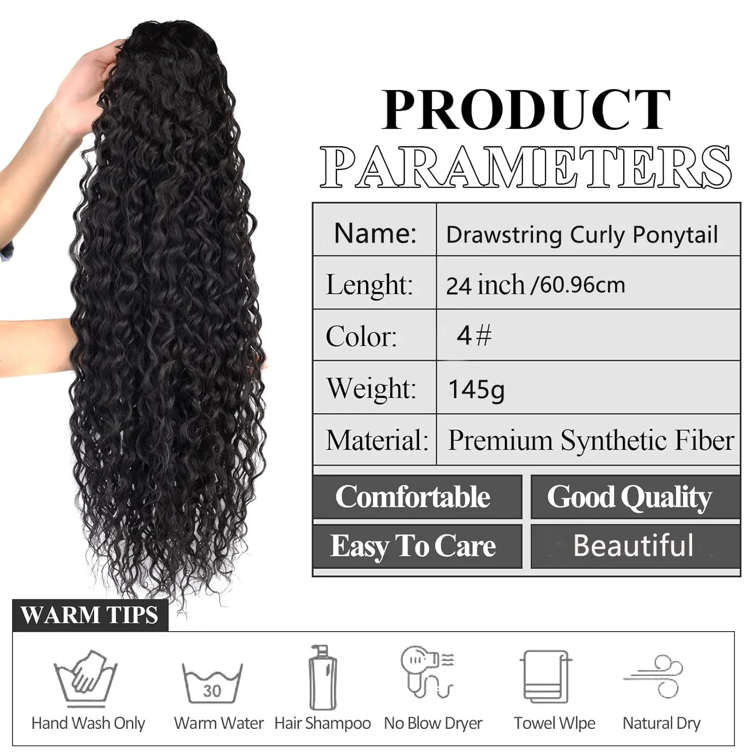 24インチのエレガントなカールウェーブポニーテールウィッグ、ドローストリング付き - 女性用の高品質合成毛、クリスマスや日常生活に最適