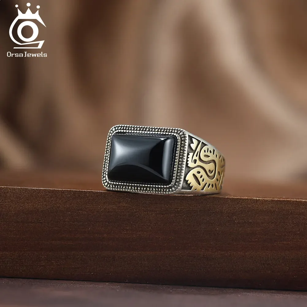 

ORSA JEWELS Retro 925 Sterling Silver Black Agate Ring for Men Gentle Finger Ring Party Jewelry Gift for Father Husband NMR16