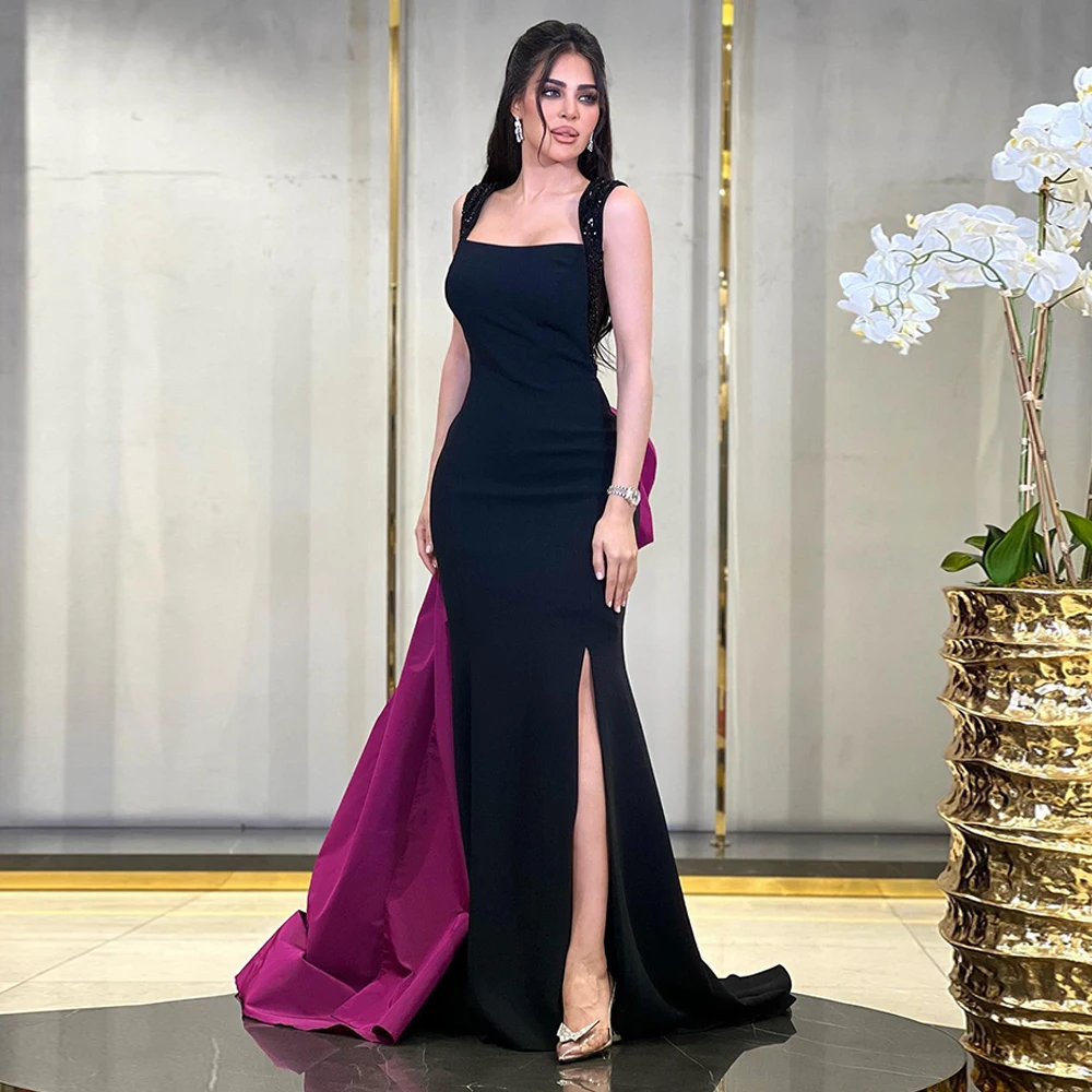 Sexy Black Prom Dress with Purple Satin Train Square Neck Sleeveless Beading Slit Sweep Train Backless Saudi Arab Evening Gown