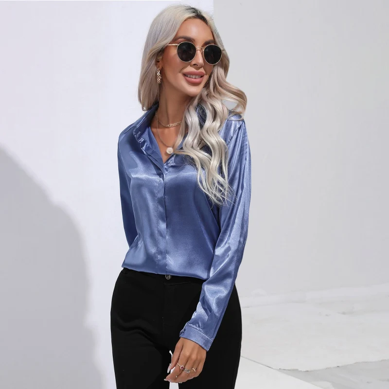 Women Dress Shirts Long Sleeve Blouses Female Shirts Satin Silk Button Down Shirts