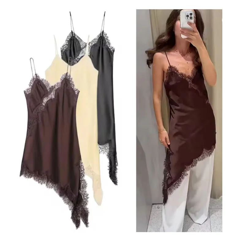 새틴 섹시 레이스 스플라이스 숏 슬링 드레스 여성 민소매 백리스 비대칭 섹시 파티 드레스 여름 여성 드레스